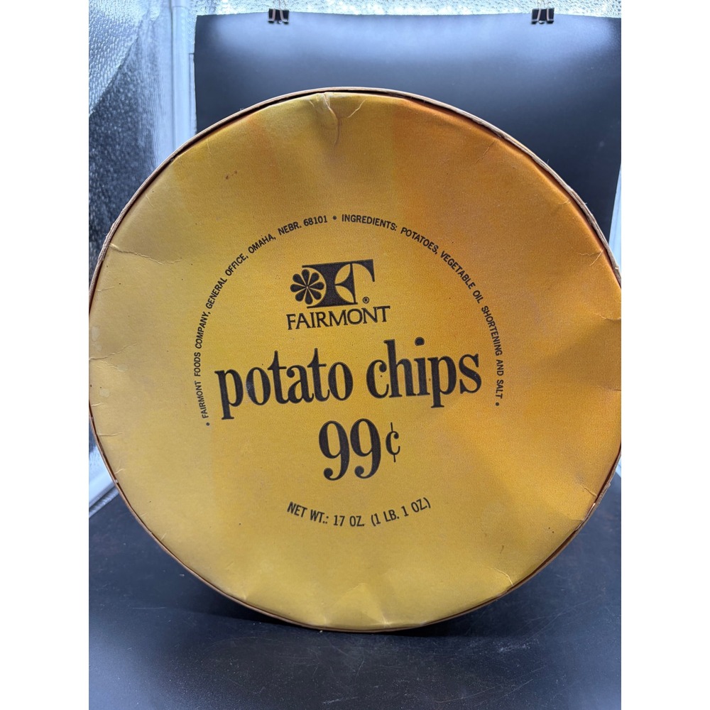 Vintage Fairmont Potato Chip Tin Large 17oz Striped Advertising Canister 99 Cent